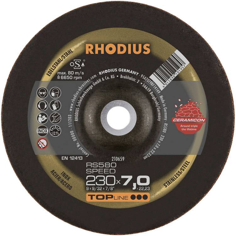 Rhodius 210659 RS580 SPEED Schruppscheibe gekröpft Durchmesser 230mm Bohrungs-Ø 22.23mm Edelstahl, Stahl 1St.