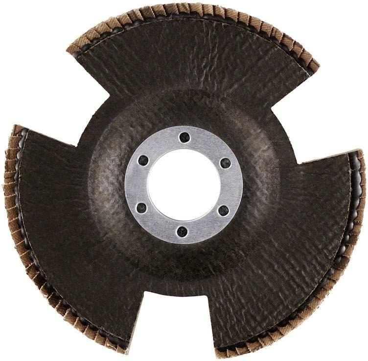 Ein kreisförmiges Schleifwerkzeug aus robustem Material mit vier symmetrischen Aussparungen, zeigt eine zentrale Metallbefestigung.