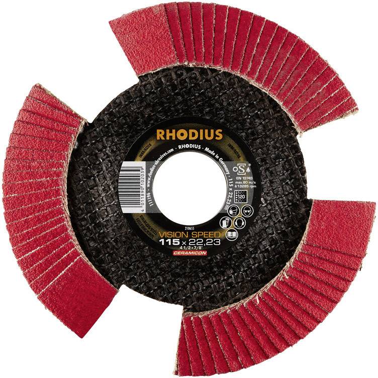 Ein rotes Schleifrad mit der Aufschrift 'RHODIUS VISION SPEED 115 x 22,23', geeignet für Metallbearbeitung, auf weißem Hintergrund.