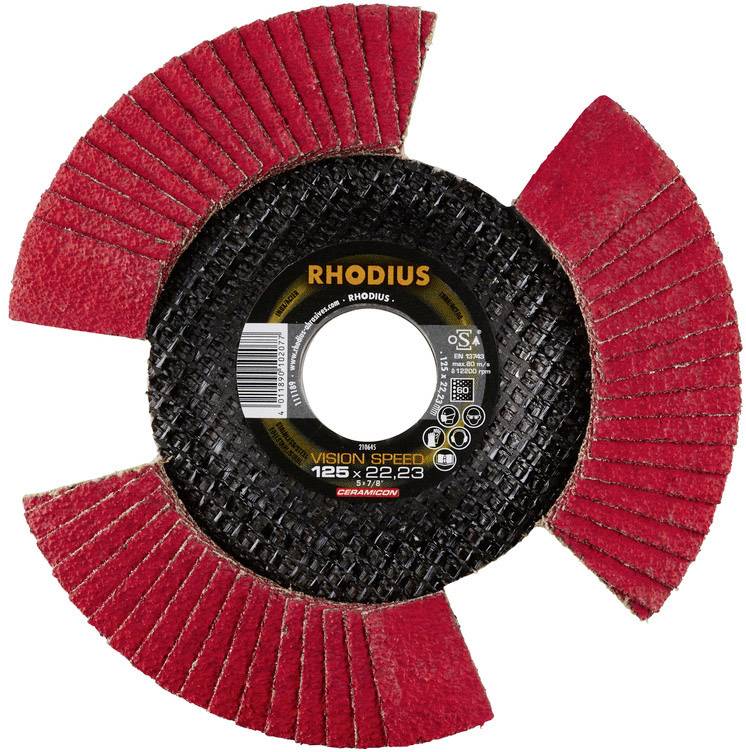 Eine rot-schwarz gefärbte Schleifscheibe der Marke Rhodius, Modell 'Vision Speed' 125 x 22,23, mit speziellem Lamellendesign.