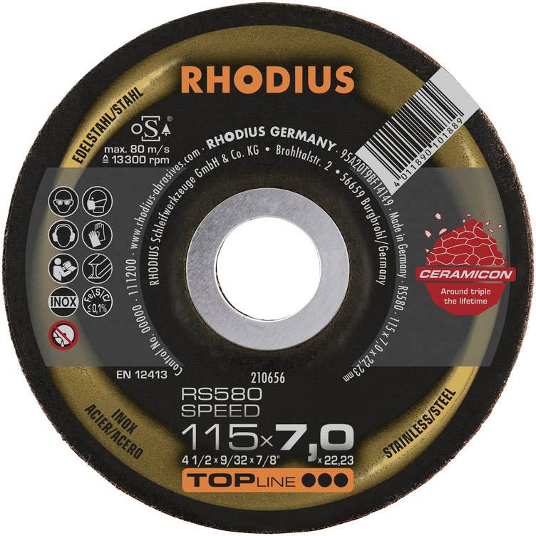 Rhodius 210656 RS580 SPEED Schruppscheibe gekröpft Durchmesser 115mm Bohrungs-Ø 22.23mm Edelstahl, Stahl