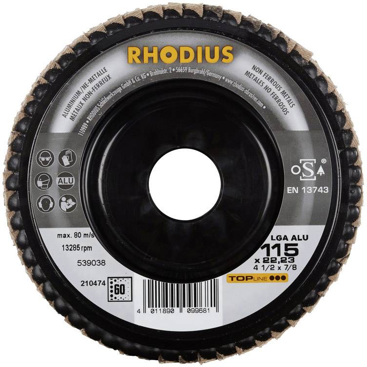 'RHODIUS' Trennscheibe für Aluminium, 115 mm Durchmesser, maximal 80 m/s, weitere Spezifikationen auf Etikett.