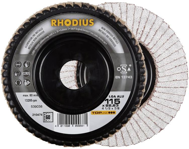 Schleifscheiben mit der Aufschrift 'RHODIUS', geeignet für Aluminium, mit Angaben zur Größe: 115 x 22,23 mm, max. 80 m/s.