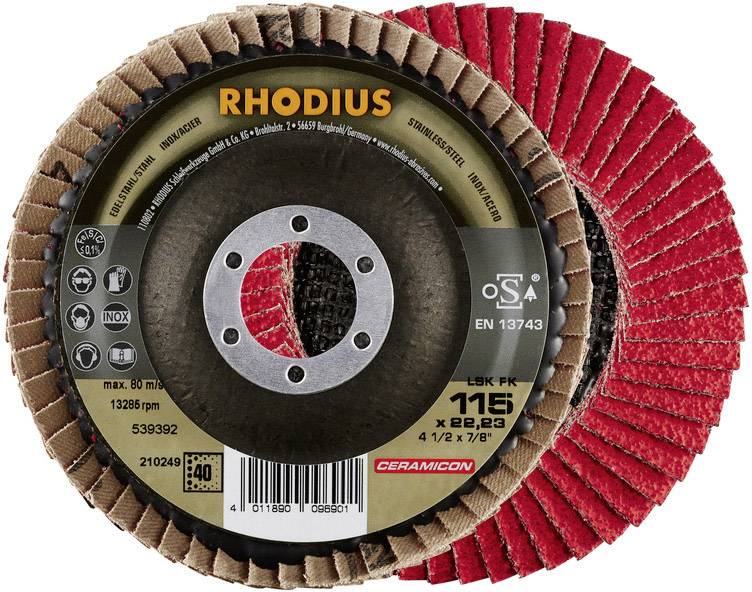 Zwei Schleifscheiben von Rhodius in Rot mit Etikett. Etikett zeigt Modell, Größe '115 x 22,23', und Sicherheits- sowie Qualitätszertifikate.