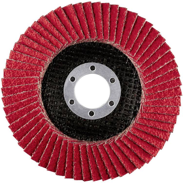 Ein roter Schleifscheibe mit einer metallischen Mitte, verwendet zum Schleifen und Polieren von Materialien.