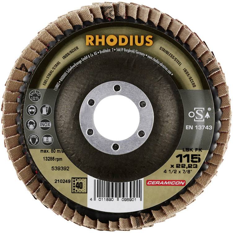 Rhodius 210249 LSK FK Fächerschleifscheibe Durchmesser 115mm Bohrungs-Ø 22.23mm Edelstahl