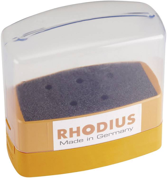 Oranges Schleifmittel der Marke 'RHODIUS' mit der Aufschrift 'Made in Germany', in einer transparenten Verpackung.