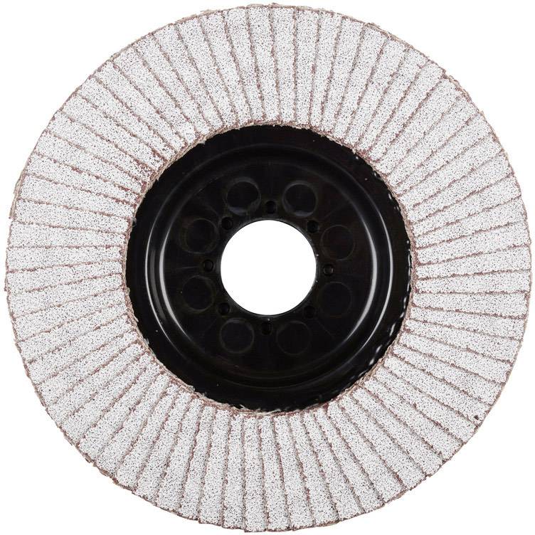 Schleifscheibe für Winkelschleifer mit radial angeordneten Schleiflamellen zur Metallbearbeitung. Rundes, zentrales Loch zur Befestigung.