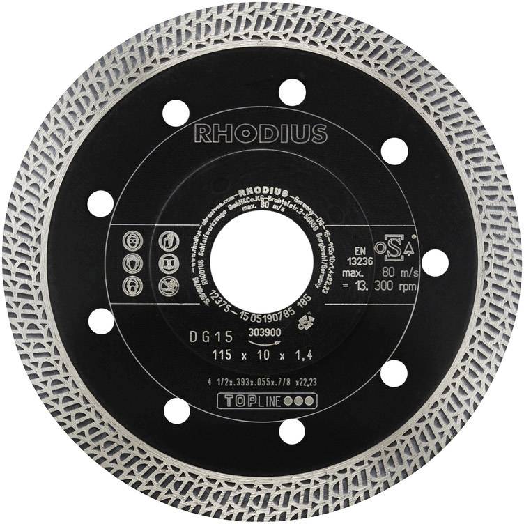Rhodius 303900 DG15 Diamanttrennscheibe Durchmesser 115mm Bohrungs-Ø 22.23mm Fliesen, Keramik 1St.