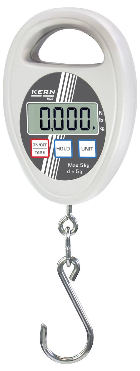 Tragbare Waage mit Haken, digitalem Display, zeigt '0,000' an, max. Gewicht 5 kg. Funktionen: On/Off, Hold und Unit.