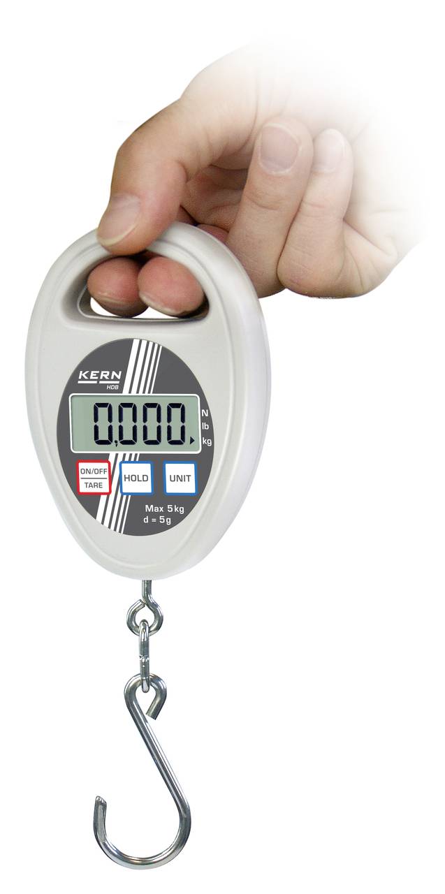 Hand hält digitale Kofferwaage mit Haken. Display zeigt '0.000'. Tasten für Tare, Hold und Einheiten unter dem Display.