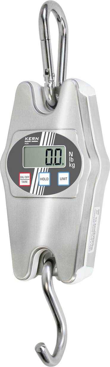 Hängende digitale Waage aus Metall mit Haken, zeigt '0.0' kg auf dem Display, geeignet zum Wiegen schwerer Lasten bis 10 kg.