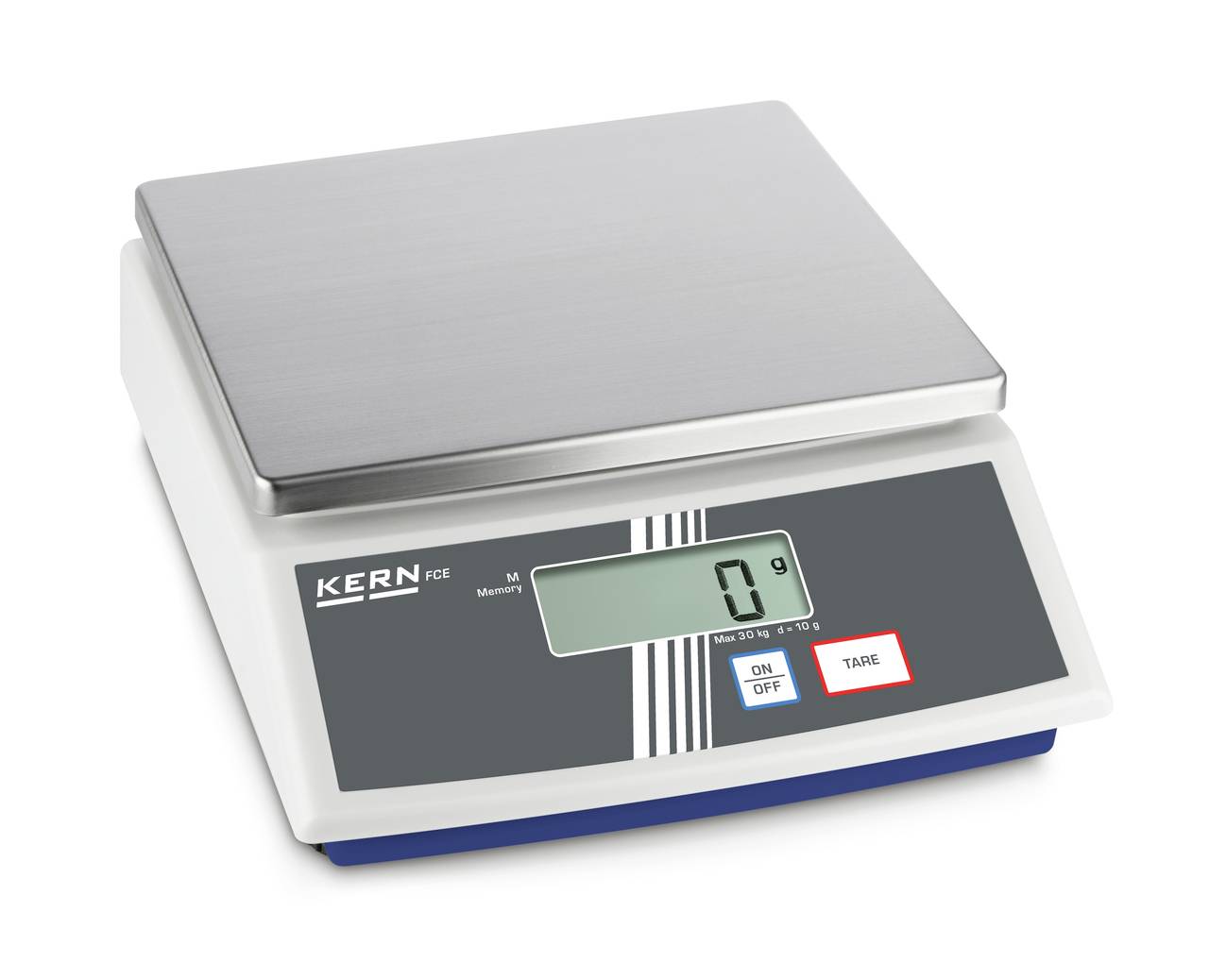 Digitale Küchenwaage mit Edelstahl-Plattform, zeigt '0 g' auf einem Display. Tasten für 'On/Off' und 'Tare' rechts unten.