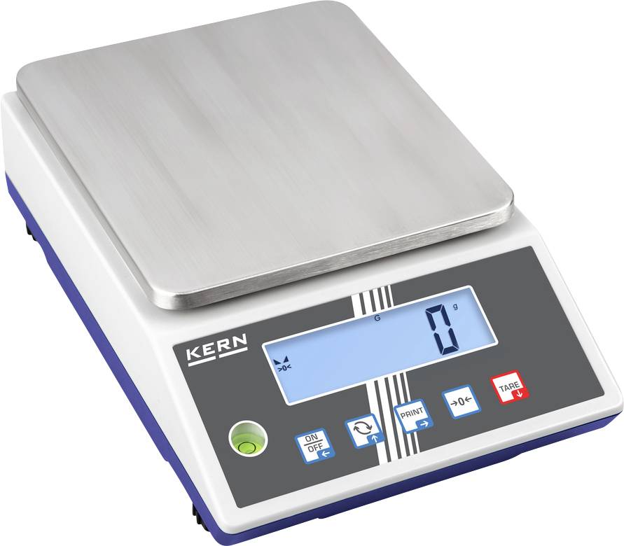 Digitale Küchenwaage mit Edelstahlplattform und blauem Display, zeigt 0 g an. Tasten für Ein/Aus, Drucken und Tara vorhanden.