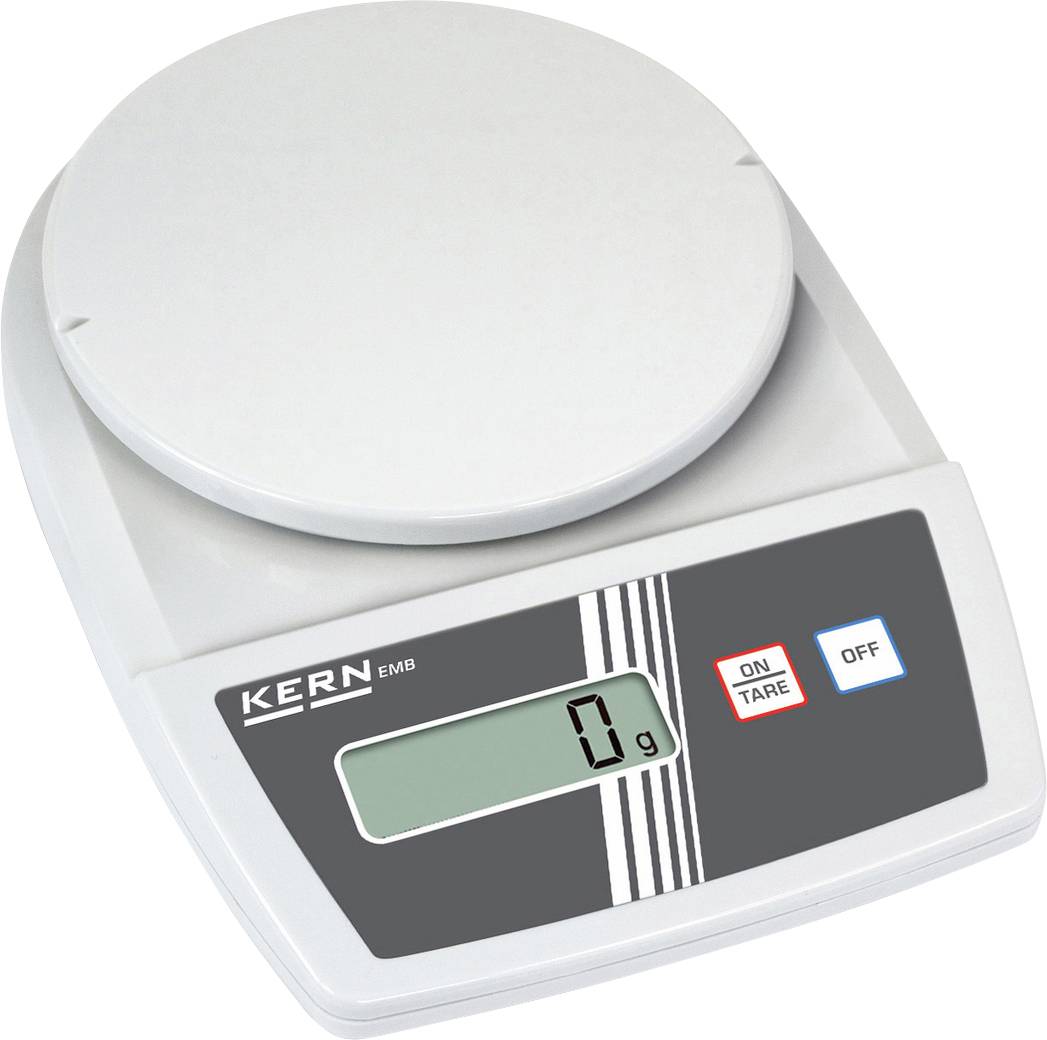 Elektronische Waage mit digitalem Display, zeigt '0 g'. Markierung 'KERN EMB', Tasten 'ON TARE' und 'OFF' sichtbar.