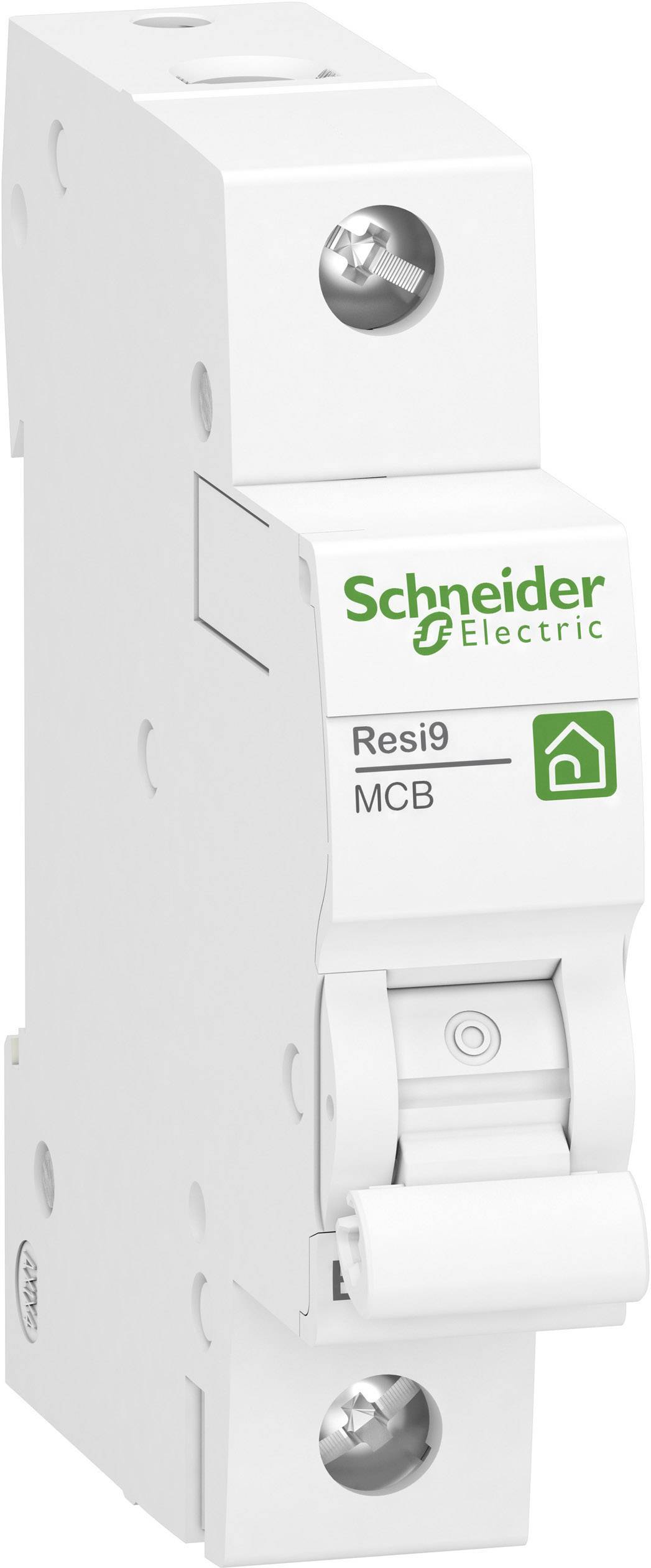 Ein weißer Leistungsschalter von Schneider Electric, Modell 'Resi9 MCB', mit einem Kipphebel zur Steuerung des Stromflusses.