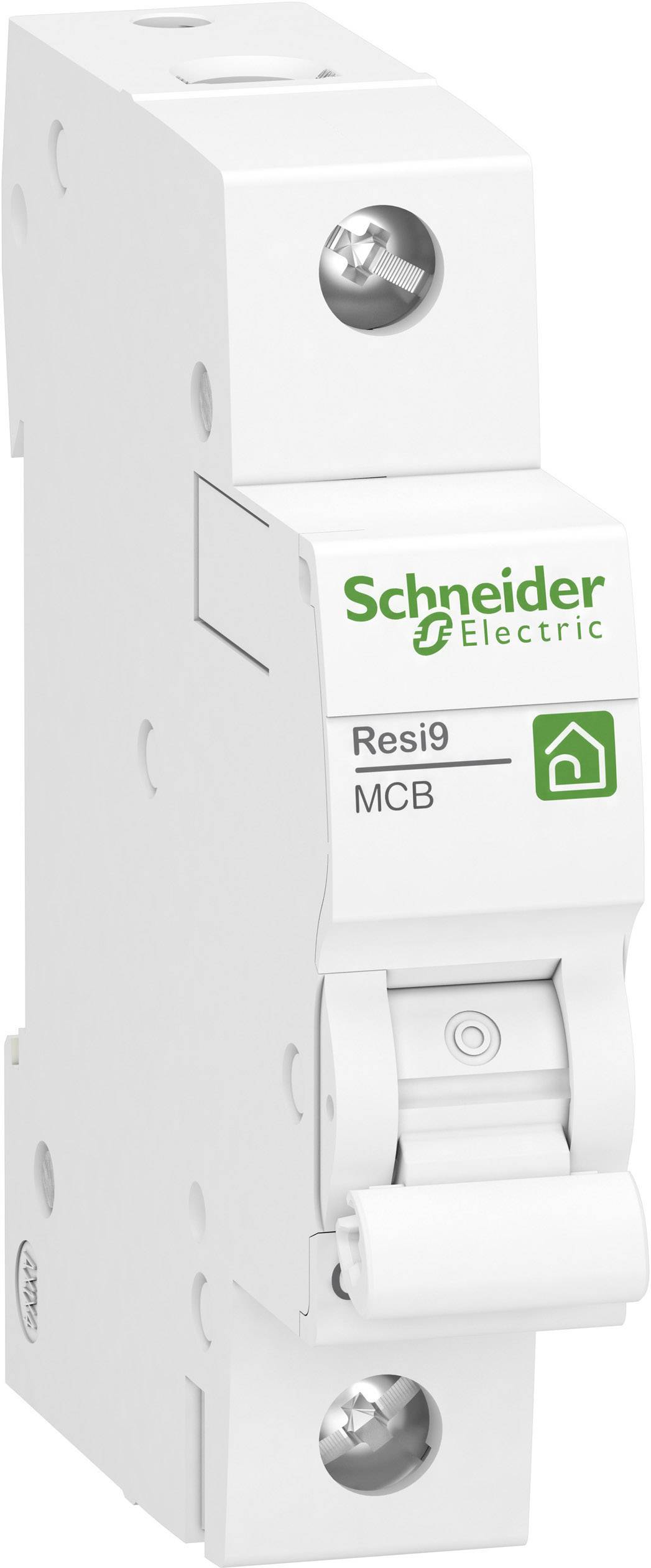 Leistungsschalter 'Schneider Electric' mit der Aufschrift 'Resi9 MCB', geeignet für den Einsatz in elektrischen Installationen.