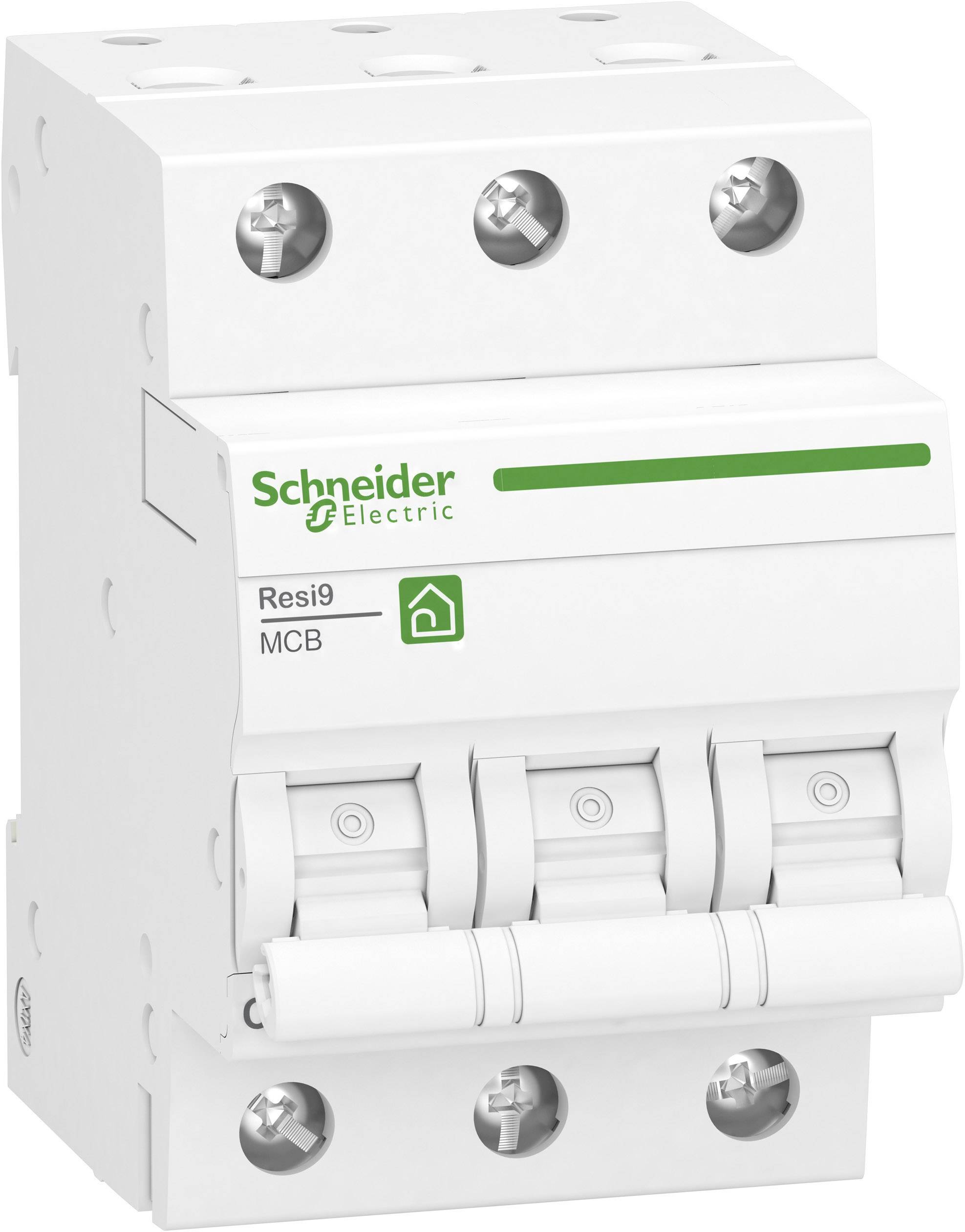Leistungsschalter der Marke Schneider Electric, Modell Resi9 MCB, mit drei Schaltern und Gehäuse in Weiß.