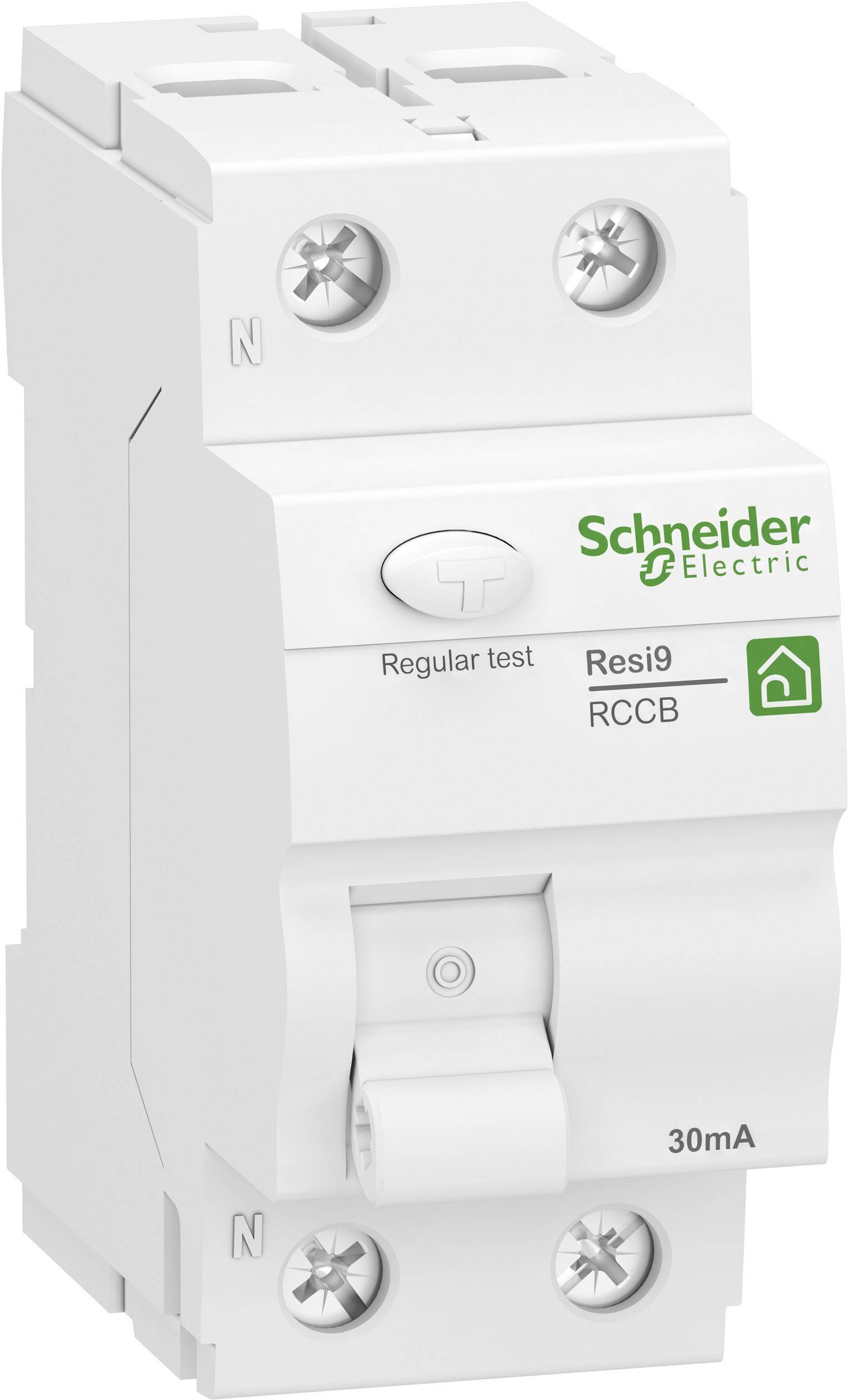 Ein weißer Fehlerstromschutzschalter (RCCB) von Schneider Electric mit grünem Logo; Modell 'Resi9', gekennzeichnet für 30mA.