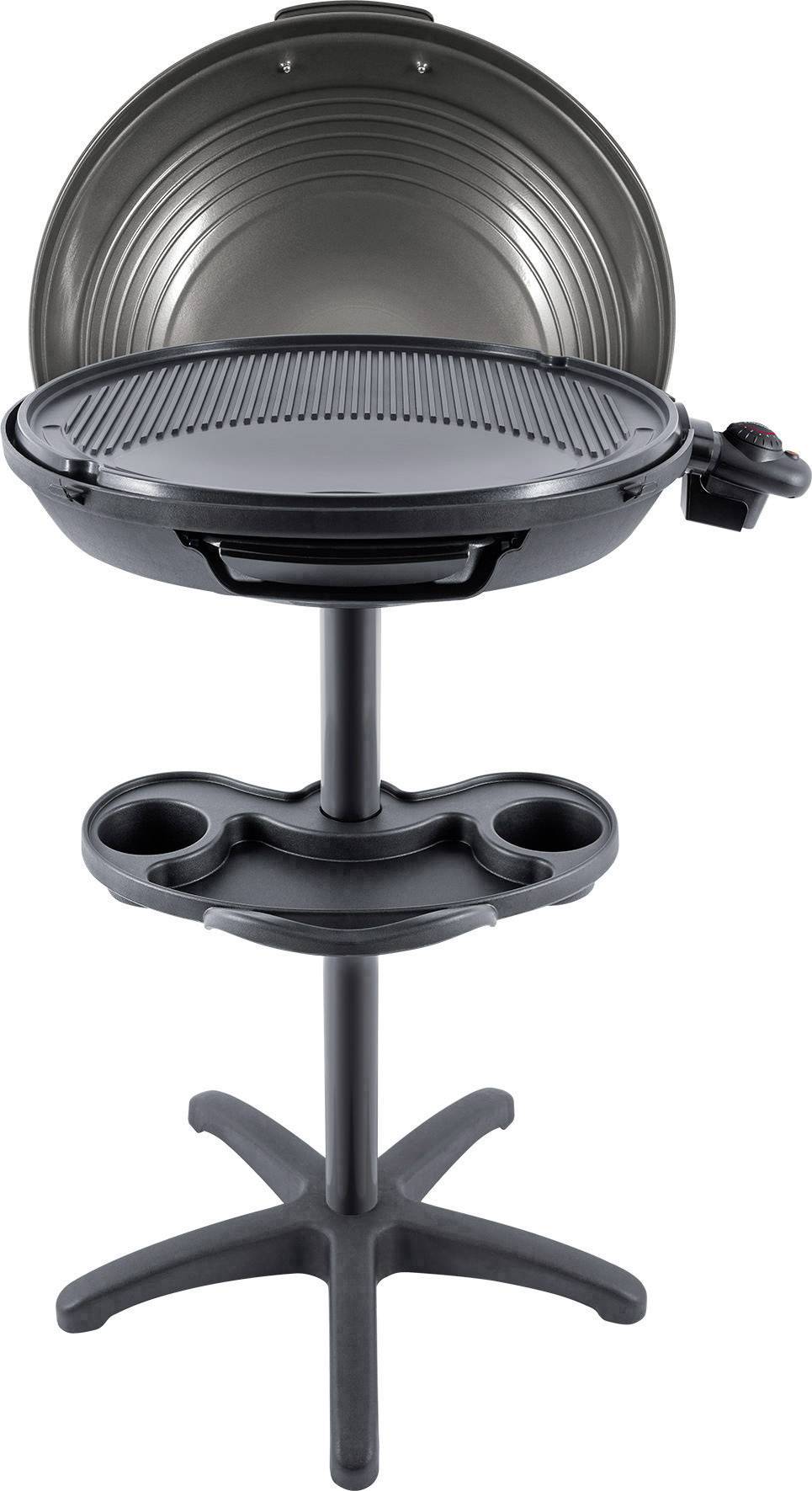 Ein elektrischer Standgrill mit geschlossenem Deckel, runder Grillfläche und integriertem Ablagefach für Grillutensilien.