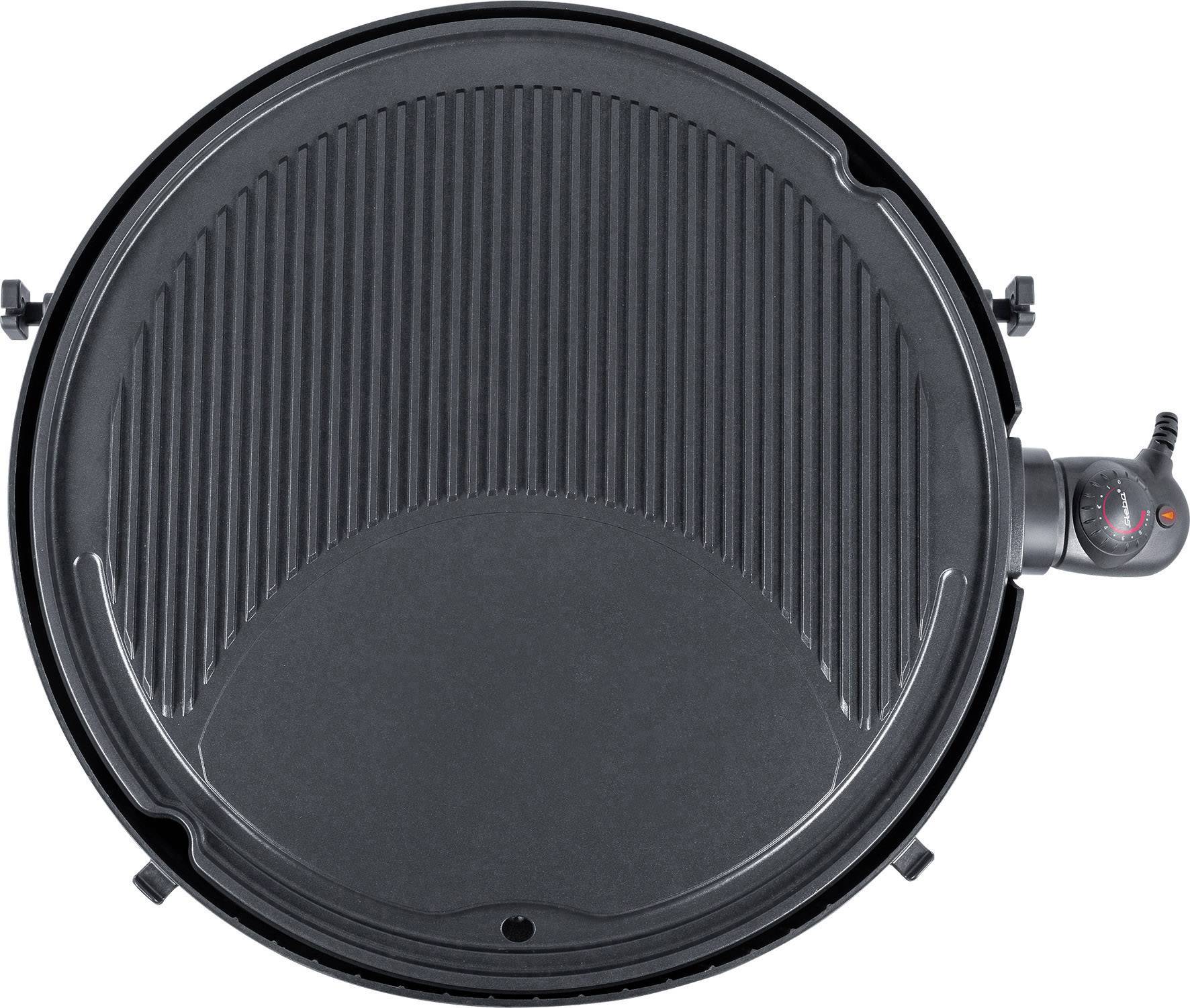 Runder, schwarzer Elektrogrill mit gerippter und glatter Grillfläche, Kabel an der Seite. Geeignet für vielseitiges Grillen.
