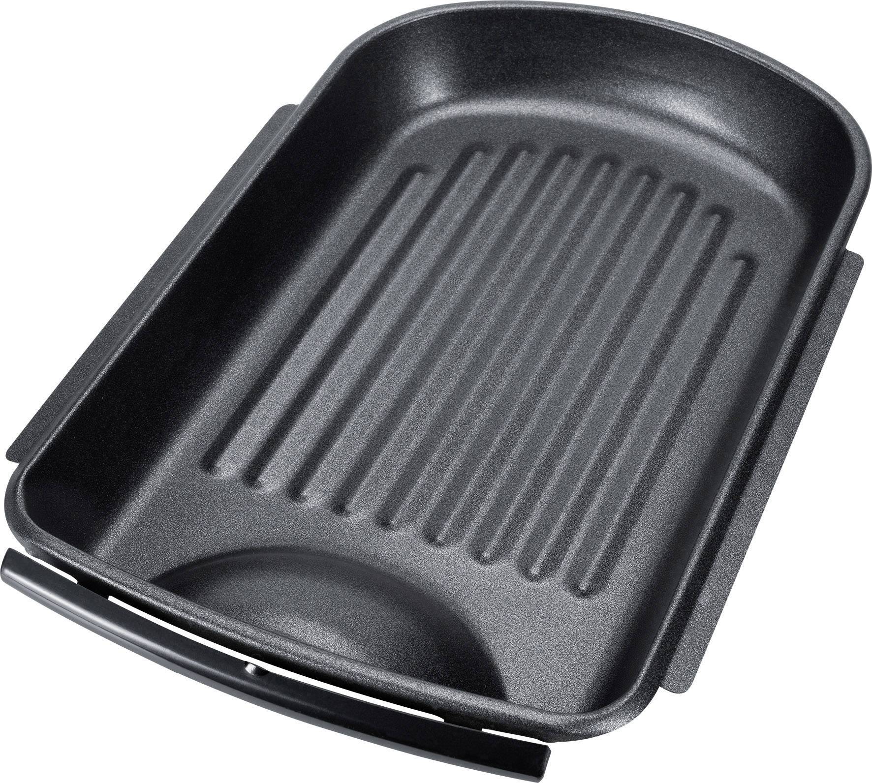 Schwarze, rechteckige Grillpfanne mit geripptem Boden und zwei Griffen, ideal zum Grillen von Fleisch und Gemüse.