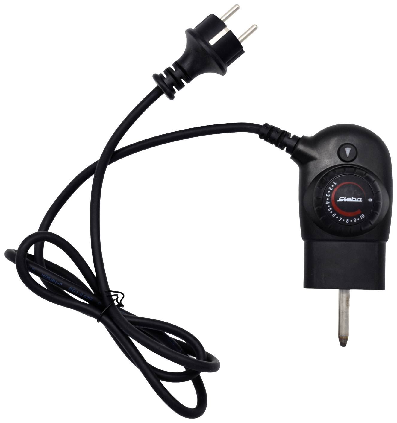 Ein schwarzer elektrischer Heizer mit Stecker, Temperaturregler und Netzkabel. Geeignet zum Erhitzen in Aquarien oder Terrarien.