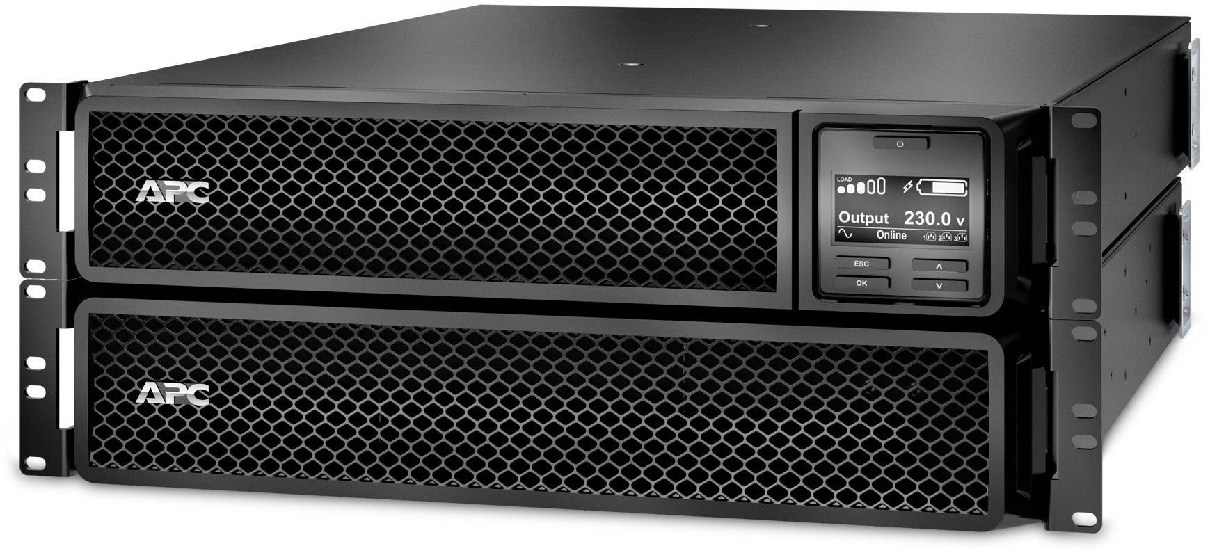 Schwarze APC USV-Einheit mit digitalem Display zeigt 'Output 230.0V' an.