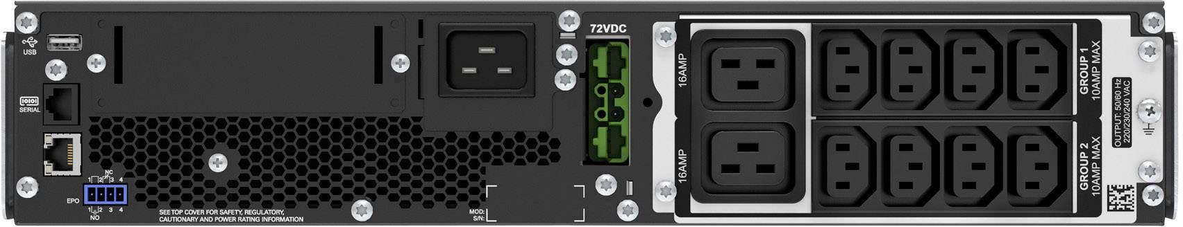 Rückansicht eines elektrischen Gerätes mit mehreren Steckdosen und Anschlüssen; enthält Ethernet-Port, Schalter und Belüftungsgitter.