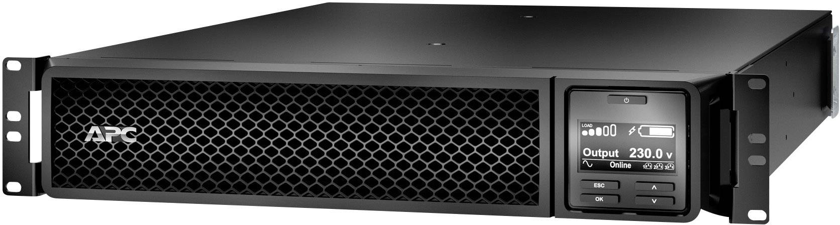 Ein schwarzer Rackmount-USV von APC mit einer digitalen Anzeige, die '230.0V Output' anzeigt, verwendet zur Sicherung elektronischer Geräte.