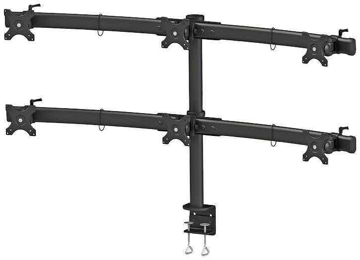 Monitorhalterung aus Metall für vier Bildschirme, zeigt zwei horizontale, verstellbare Arme mit jeweils zwei Montagemöglichkeiten.