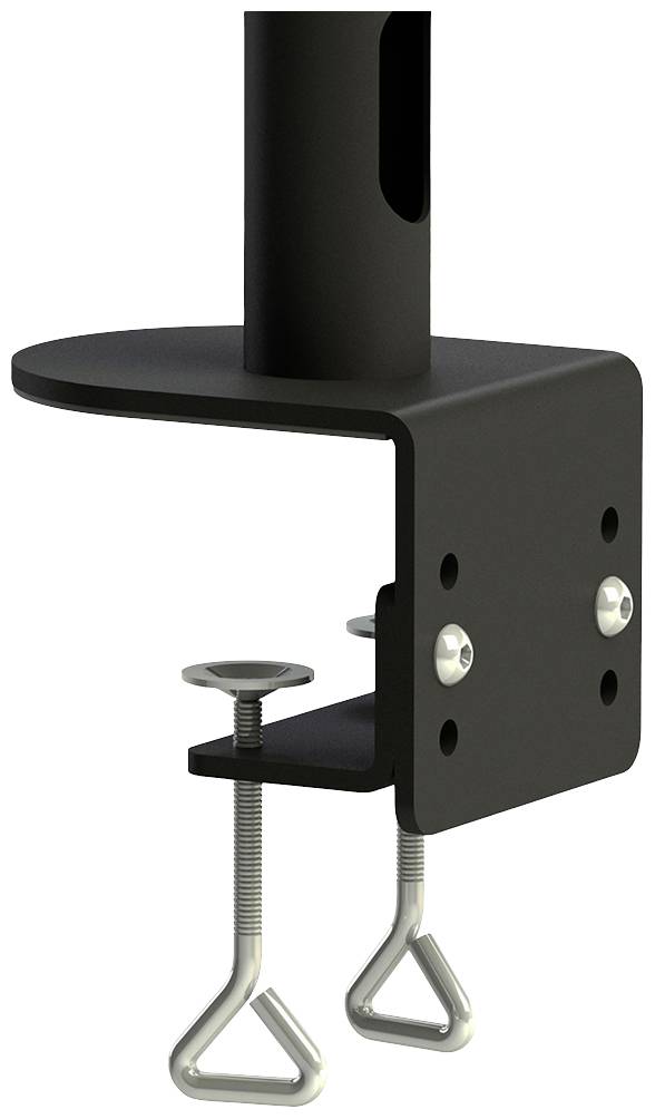 Metallhalterung mit schwarzer Platte und zwei Schrauben zur Befestigung. Geeignet zur Montage von Gegenständen an Tischkanten.