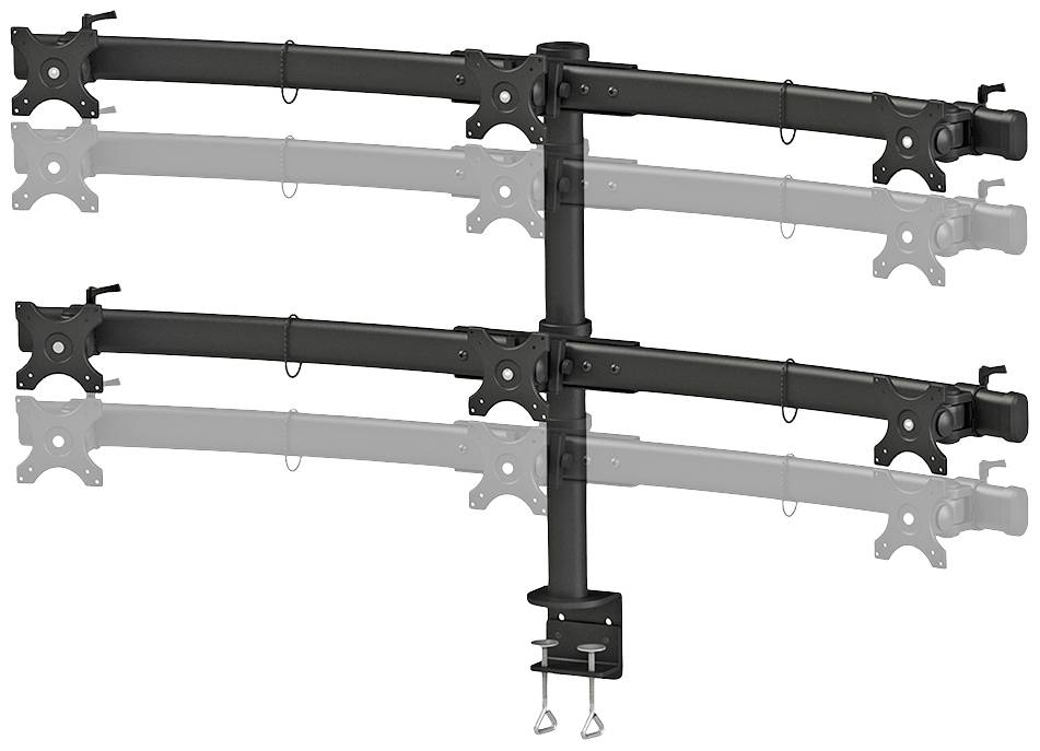 Schwarzer Monitorständer mit drei verstellbaren Armen, passend für mehrere Bildschirme, zur Schreibtischbefestigung mit Klemmen.