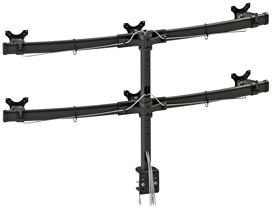 Zwei schwarze Monitorhalterungen übereinander montiert an einer zentralen Stange, Kabelmanagement mit grauen Kabeln sichtbar.