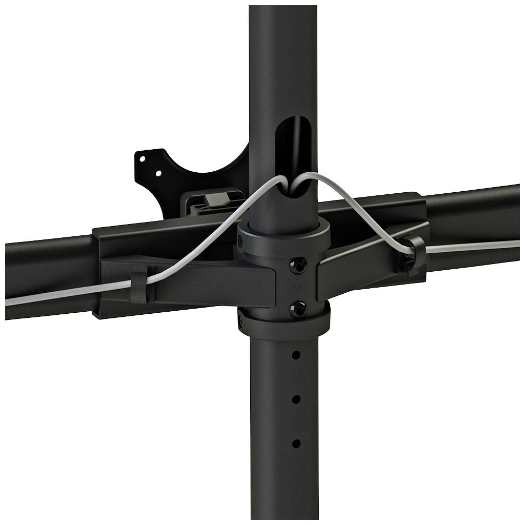Eine schwarze Halterung mit Kabelbefestigung, die an einem vertikalen Metallrohr montiert ist.