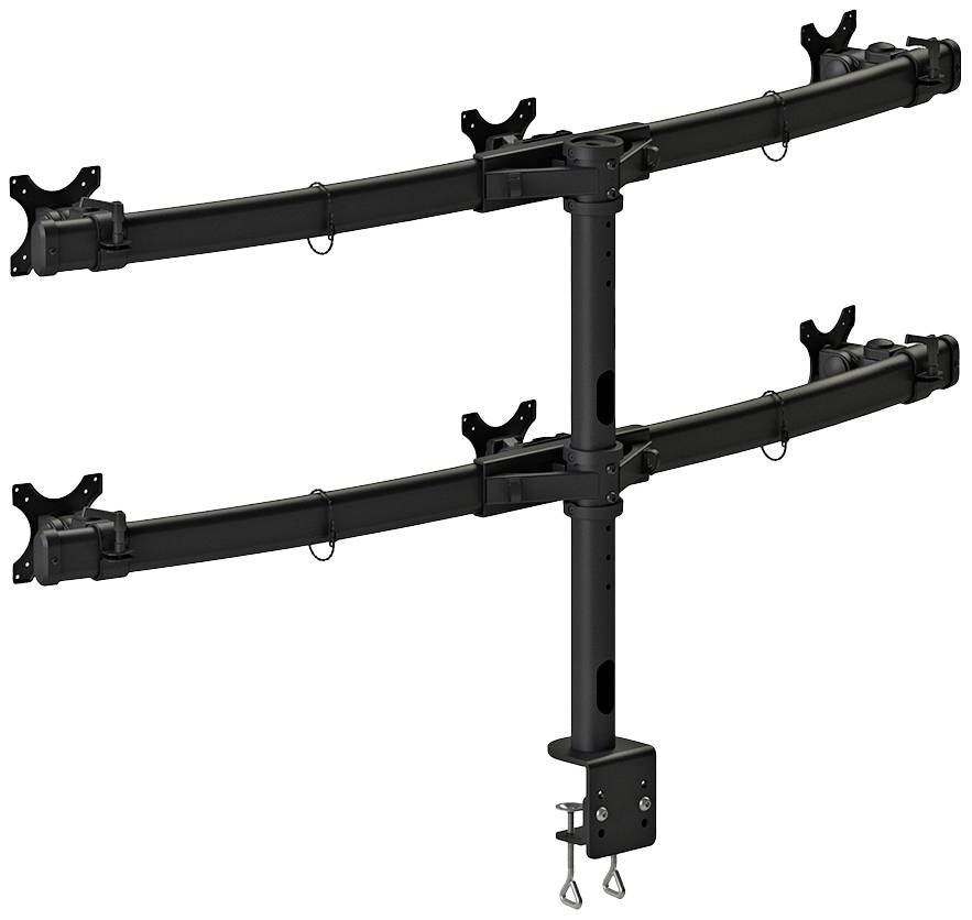 Ein schwarzer Monitorhalter mit zwei Armen zur Befestigung von vier Monitoren. Er ist für die Tischmontage geeignet.
