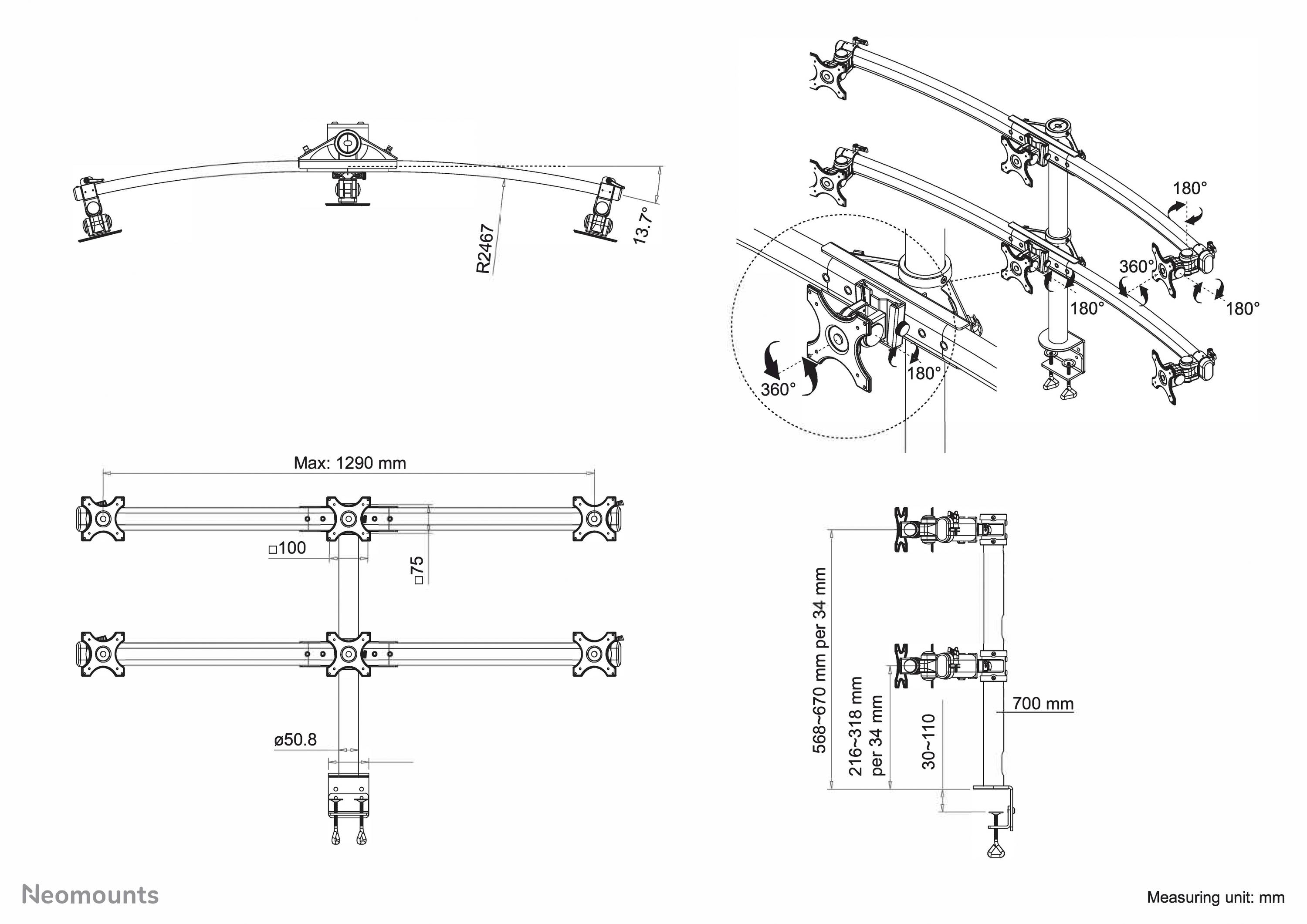 Technische Zeichnung einer Monitorhalterung mit Maßen, Winkeln und Befestigungsmöglichkeiten. Maximale Breite 1290 mm.