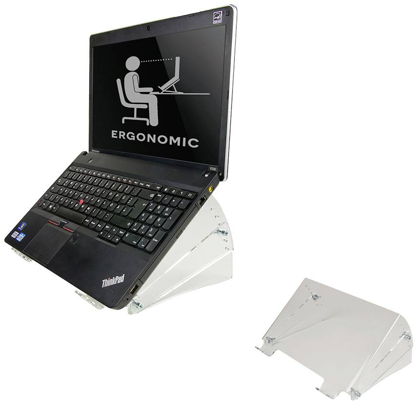 'ThinkPad-Laptop auf ergonomischem Ständer; Bildschirm zeigt Symbol eines sitzenden Menschen vor einem Computer mit Text 'Ergonomic'.'