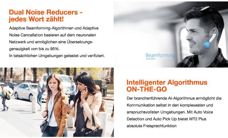 Timekettle Mobiler Dolmetscher WT2 Plus Deutsch, Englisch, Niederländisch, Italienisch, Spanisch, Französisch, Portugiesisch