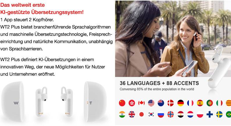 Timekettle Mobiler Dolmetscher WT2 Plus Deutsch, Englisch, Niederländisch, Italienisch, Spanisch, Französisch, Portugiesisch