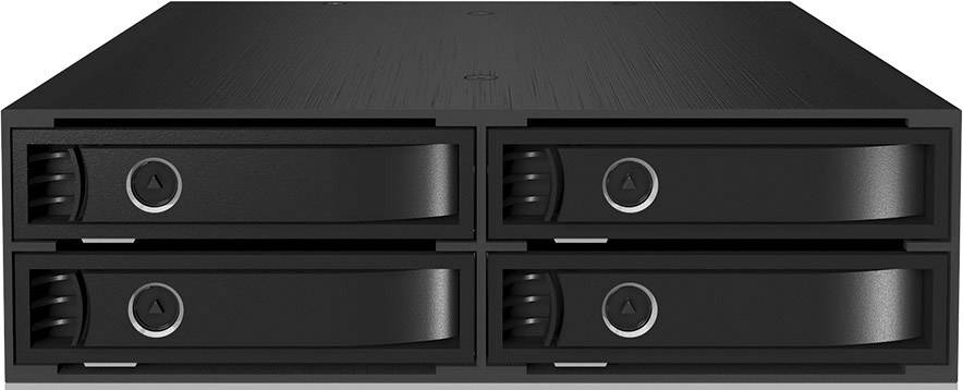 Ein schwarzer Festplatteneinschub mit vier Einschüben in zwei Reihen. Jeder Einschub hat einen Griff und einen kleinen runden Knopf.