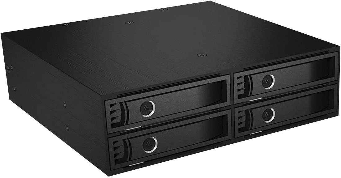 Ein schwarzer Festplatteneinschub mit vier Einschubfächern für Speichermodule, die zur Datenaufbewahrung in Computern verwendet werden.