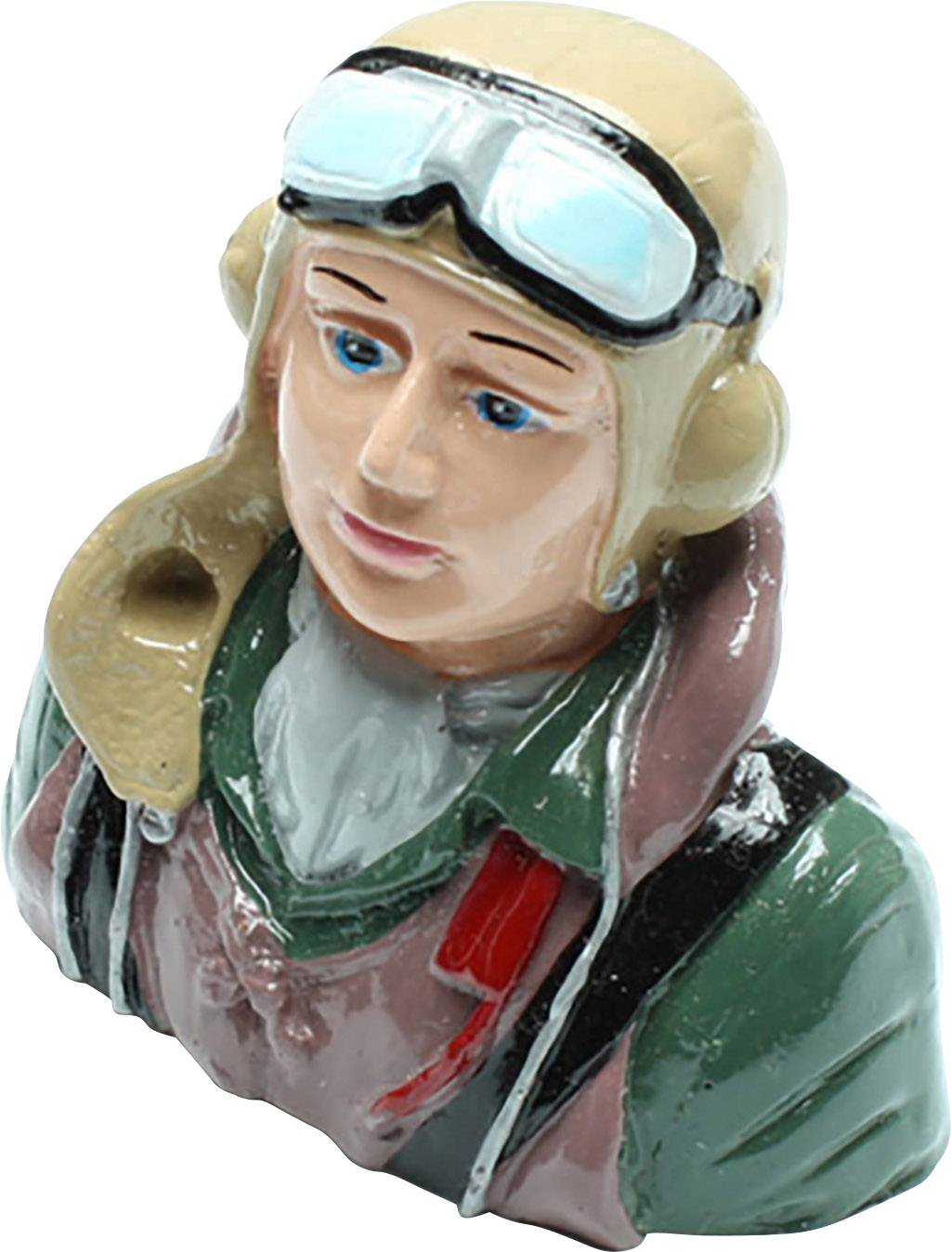 Eine bemalte Modellfigur eines Piloten mit Fliegermütze und Brille, grüne Kleidung und einem roten Schal, im Vintage-Stil.