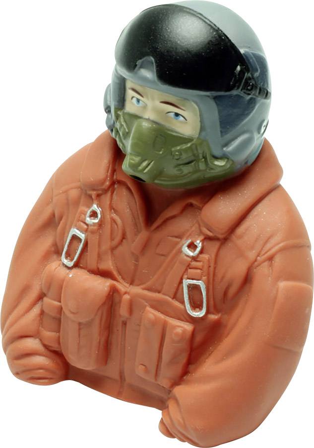 Pilotenfigur in orangefarbener Jacke mit Helm und Atemmaske; Hände hinter dem Rücken.