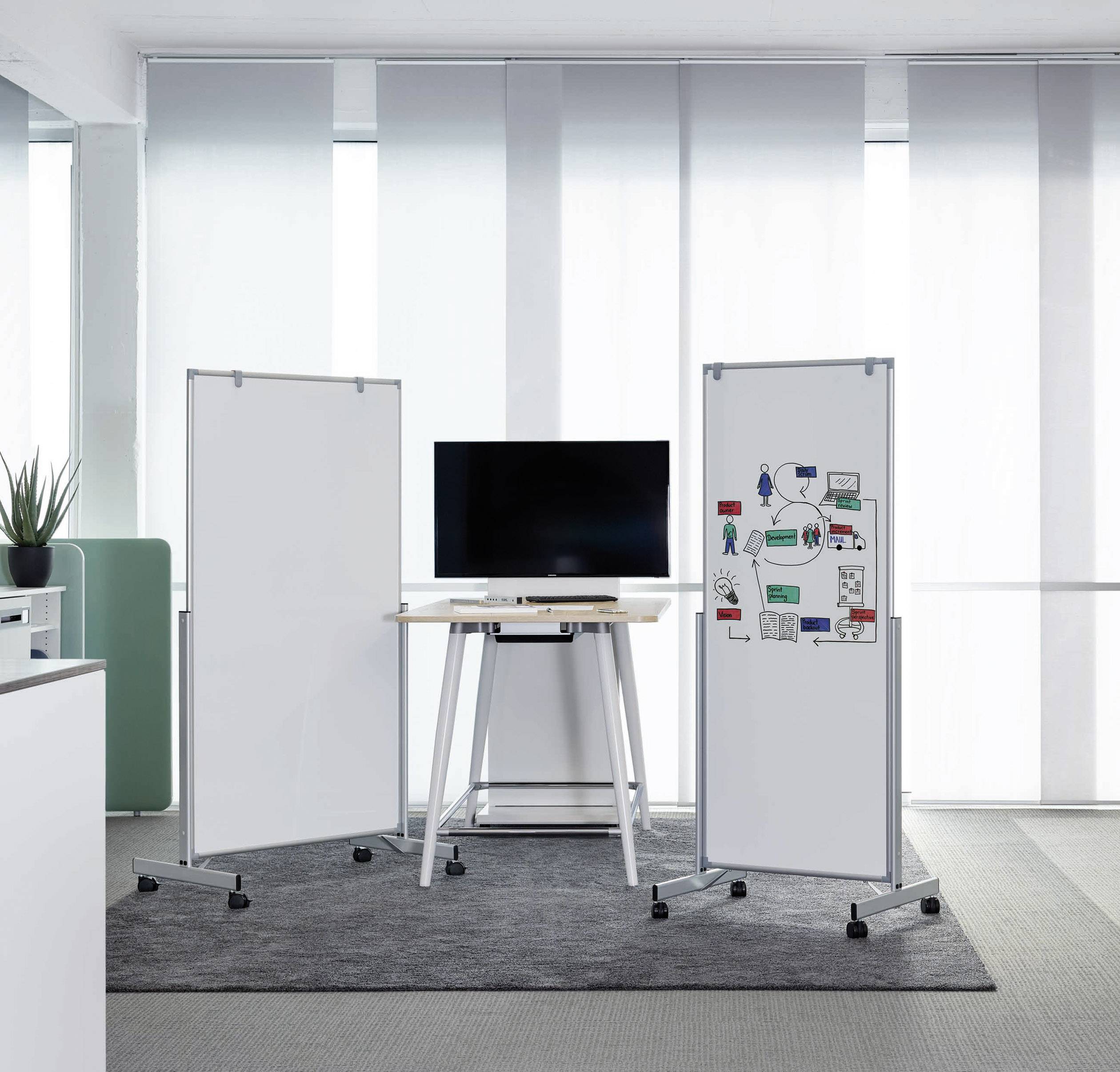 Ein Büroraum mit zwei Whiteboards auf Rollen, die einen Tisch mit einem Monitor einrahmen. Eines der Whiteboards zeigt bunte Zeichnungen.