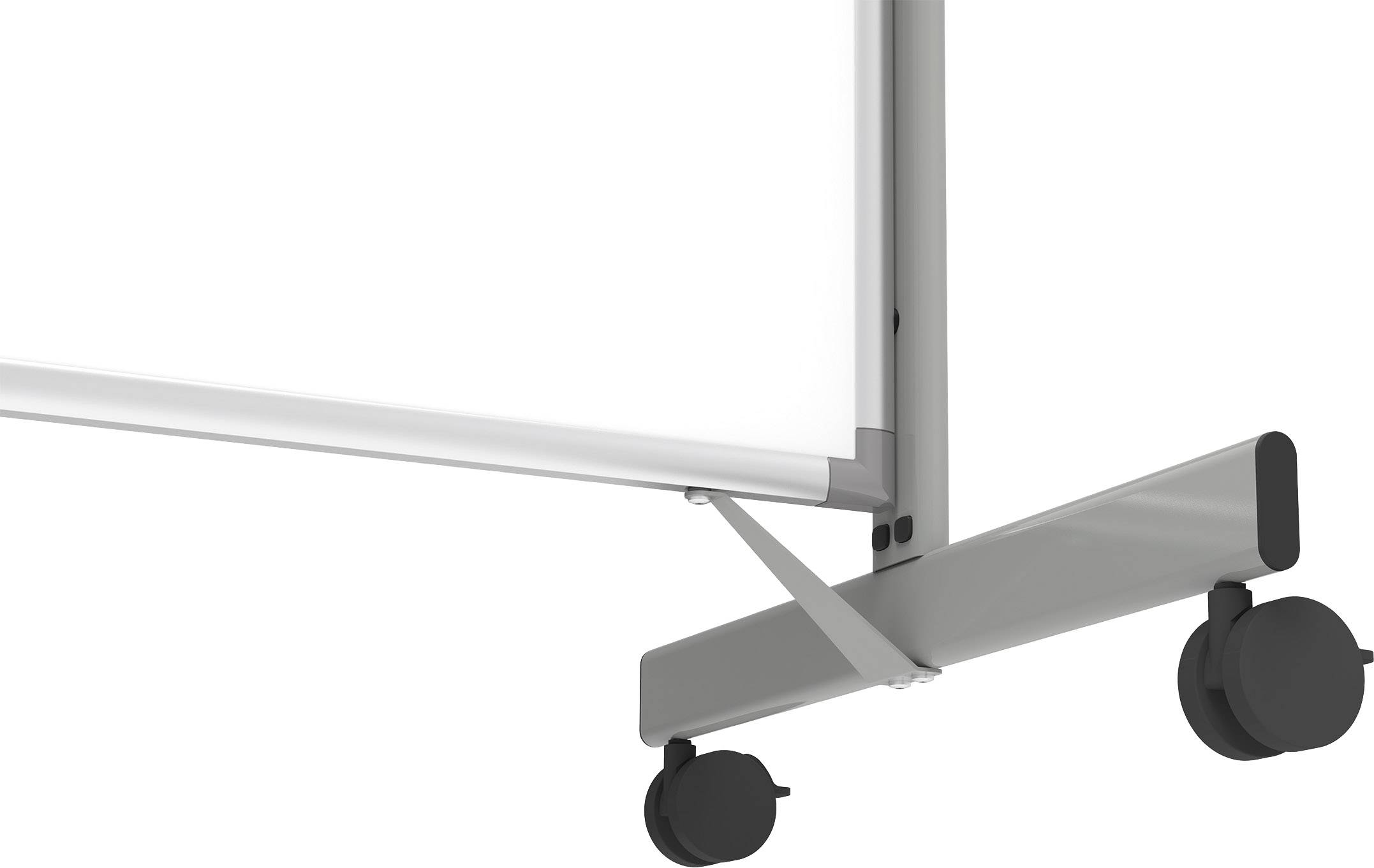 Ein Teil eines modernen Whiteboards auf Rollen, das den unteren Rand der Tafel und die daran befestigte mobile Stütze zeigt.