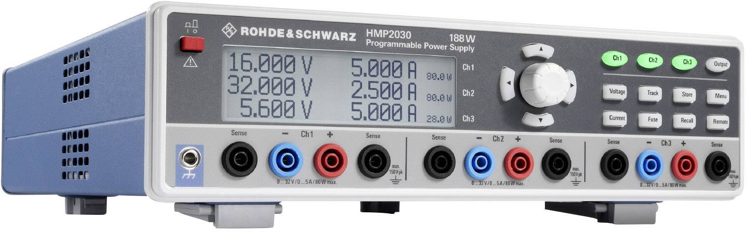Ein programmierbares Netzgerät mit mehreren Ausgängen zeigt Spannungen von 16 V, 12 V und 5,6 V sowie Ströme von 5 A und 2,5 A an.