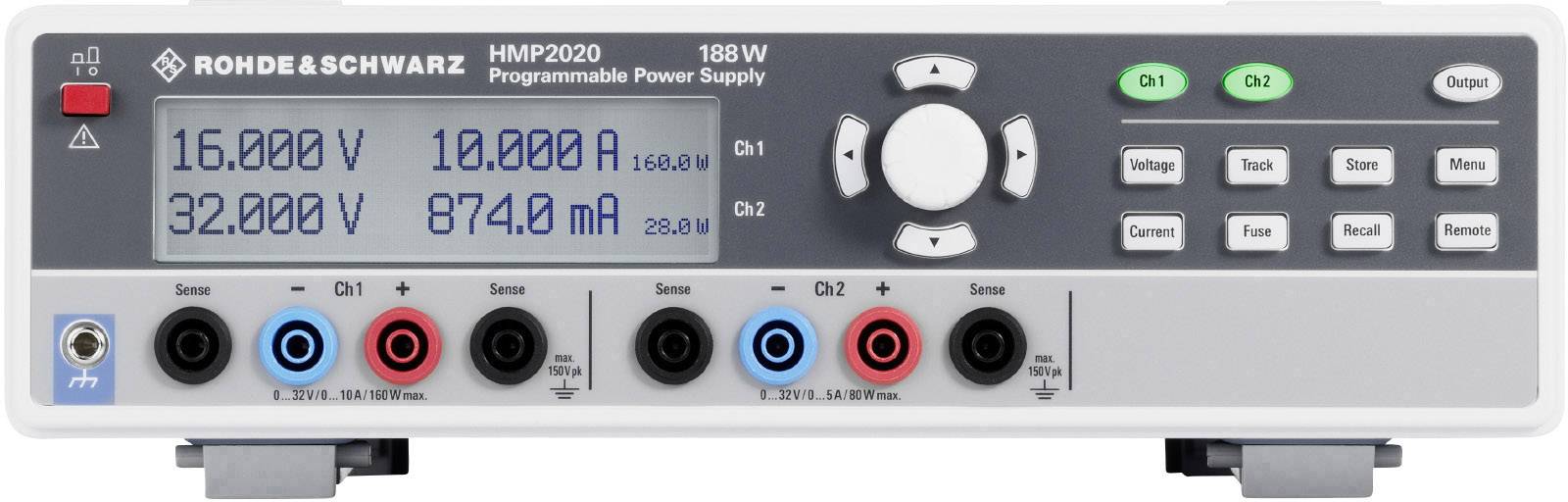 Ein programmierbares Netzgerät mit digitaler Anzeige, zeigt Spannungen von 16 V und 32 V sowie Stromstärken von 10 A und 874 mA an.
