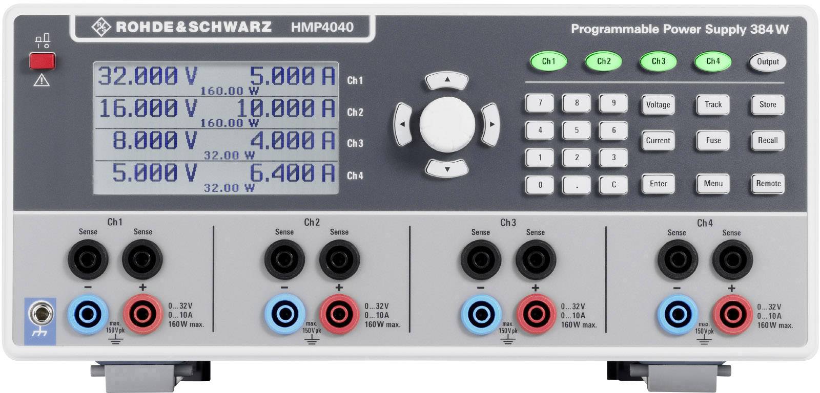 Programmierbares Netzteil von Rohde & Schwarz mit vier Kanälen. Anzeigen zeigen Spannungen und Ströme für jeden Kanal.