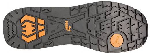 'Schuhsohle' mit einem Profil in Schwarz und Orange, zeigt markante Textur für besseren Grip. Enthält Logos.